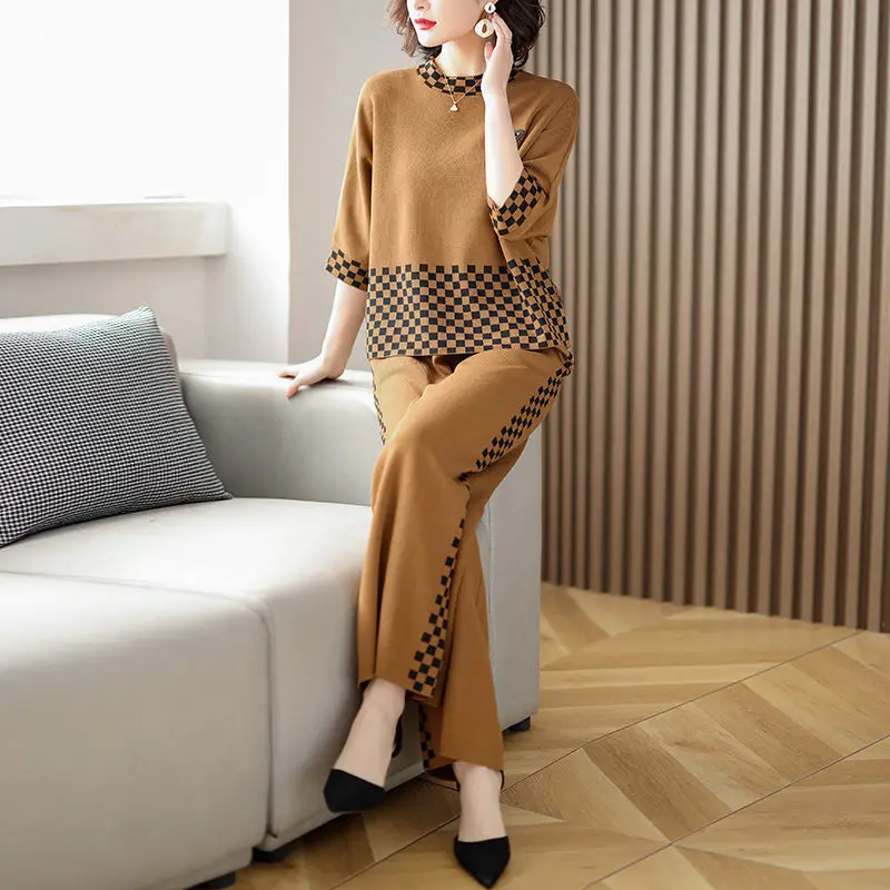 Two Piece Set for Women Summer Clothes Fashion Ladies Plaid Patchwork Half Sleeve Tops Elegant High Waist Wide Leg Pants Outfit