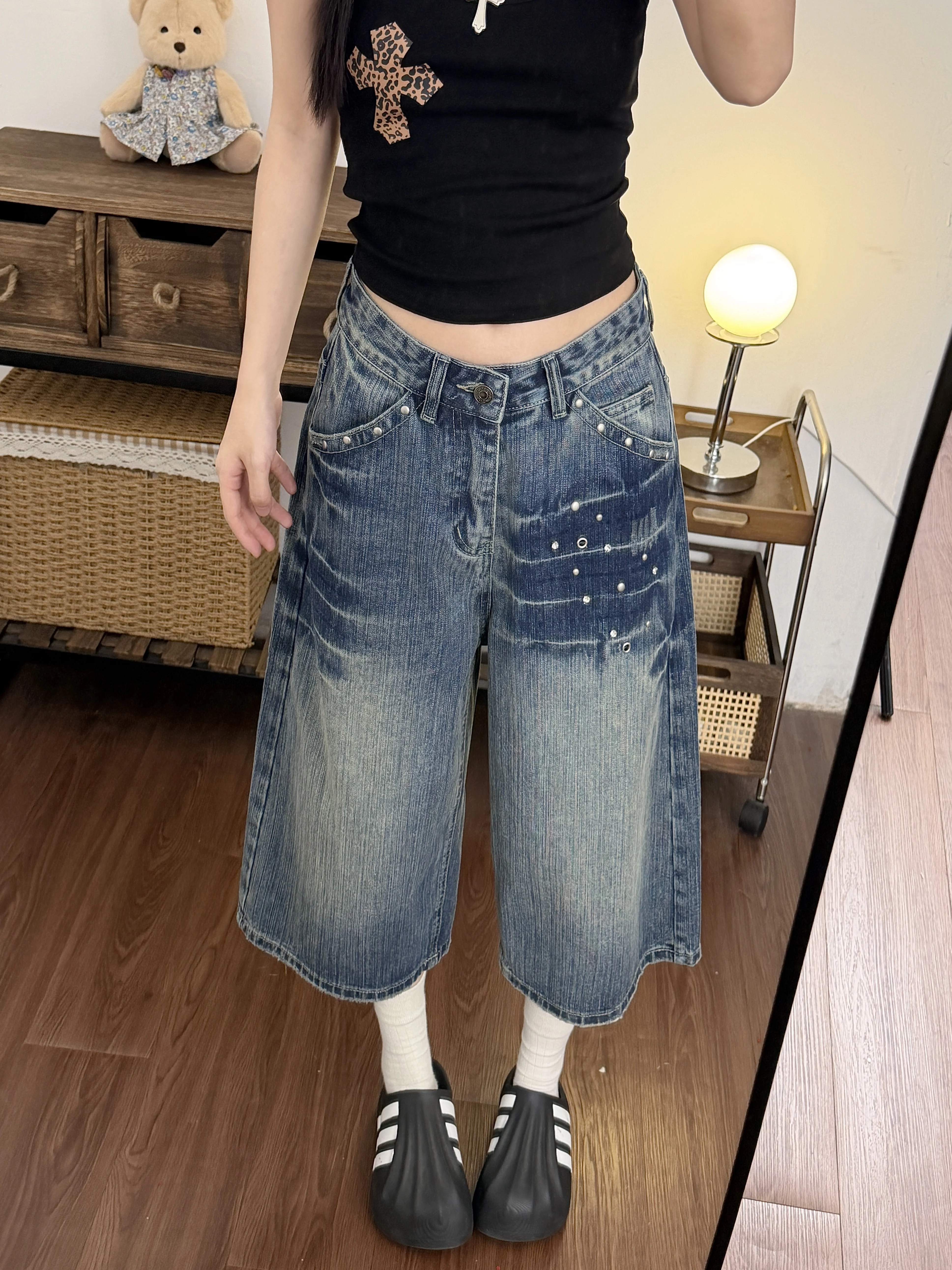 Retro American Washed Lightning Seven-Five Denim Shorts Women's Summer plus Size Cover-Up Wide-Leg Mid-Length Jeans