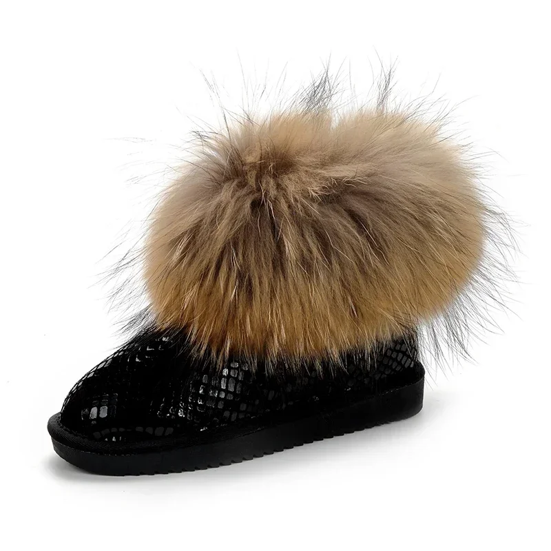 fox fur snow boots women\'s short boots winter genuine cowhide non-slip cotton shoes