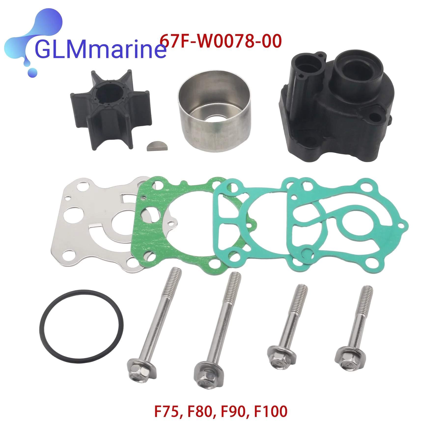 67F-W0078 Water Pump Impeller Repair Kit Fits for Yamaha Outboard 4 Stroke 75 80 90 100 115 150 200 225 HP 68V-W0078 61A-W0078