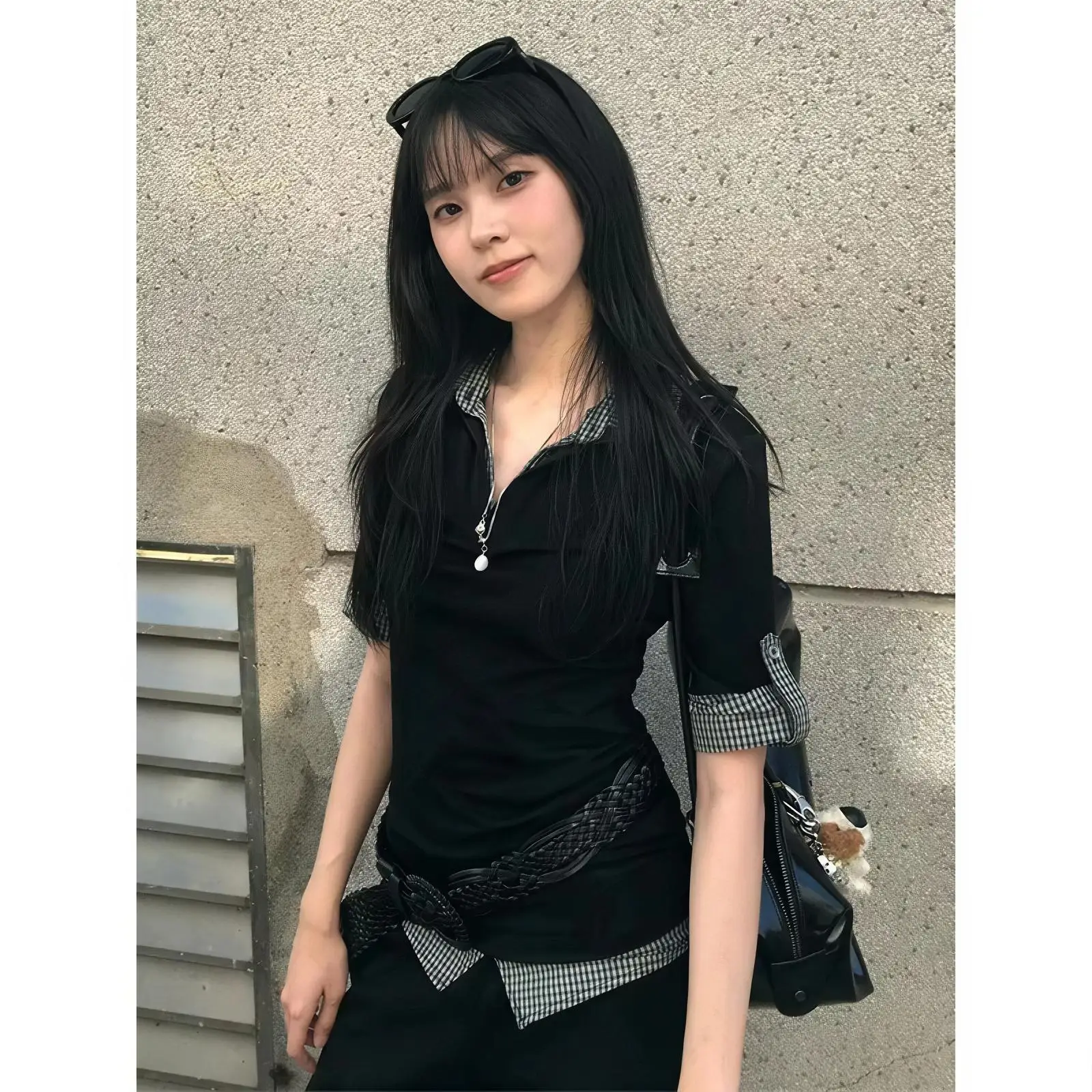 Women Y2K Fake Two‑Piece Polo T‑Shirt Half Zip Turn‑down Collar Plaid Patchwork Short Sleeve Slim Fit Casual Tees Tops