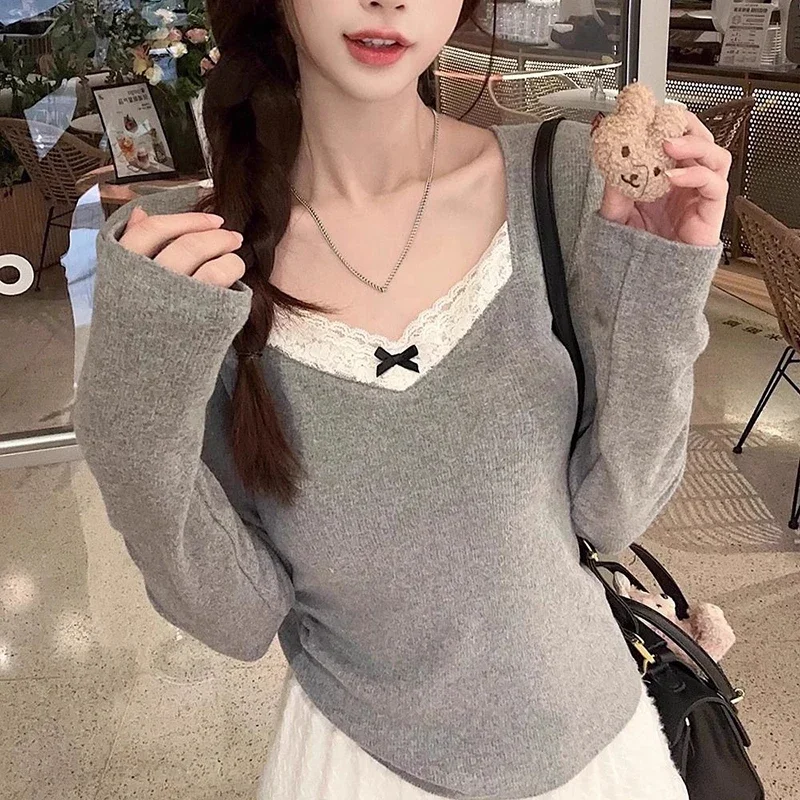 Long Sleeve T Shirt Women Lace Patchwork Warm Sweet Preppy Style Crop Tops Korean Fashion Chic Autumn Winter New Female Tees