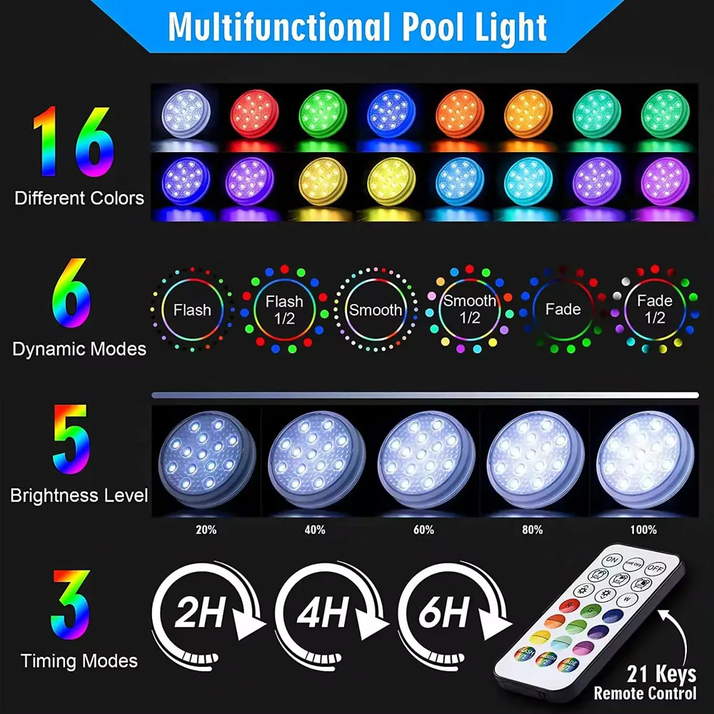 Imagem -04 - Luzes de Piscina Submersíveis Recarregáveis com Controle Remoto Ip68 Luzes Impermeáveis para Piscinas Acima do Solo Inground Banheira Subaquática