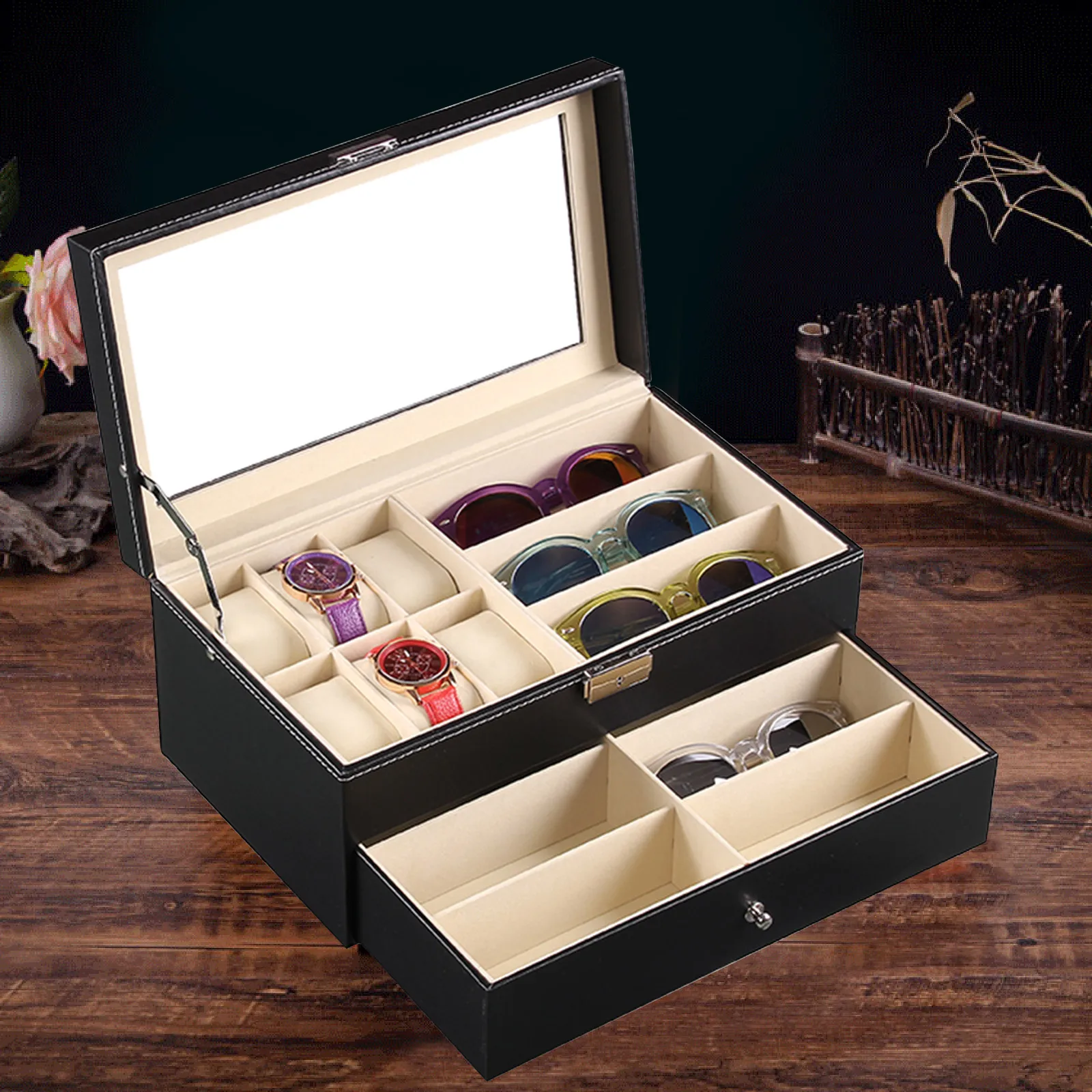 Black Leather 6 Watch Box Jewelry Case and 9 Piece Eyeglasses Storage and Sunglass Glasses Display