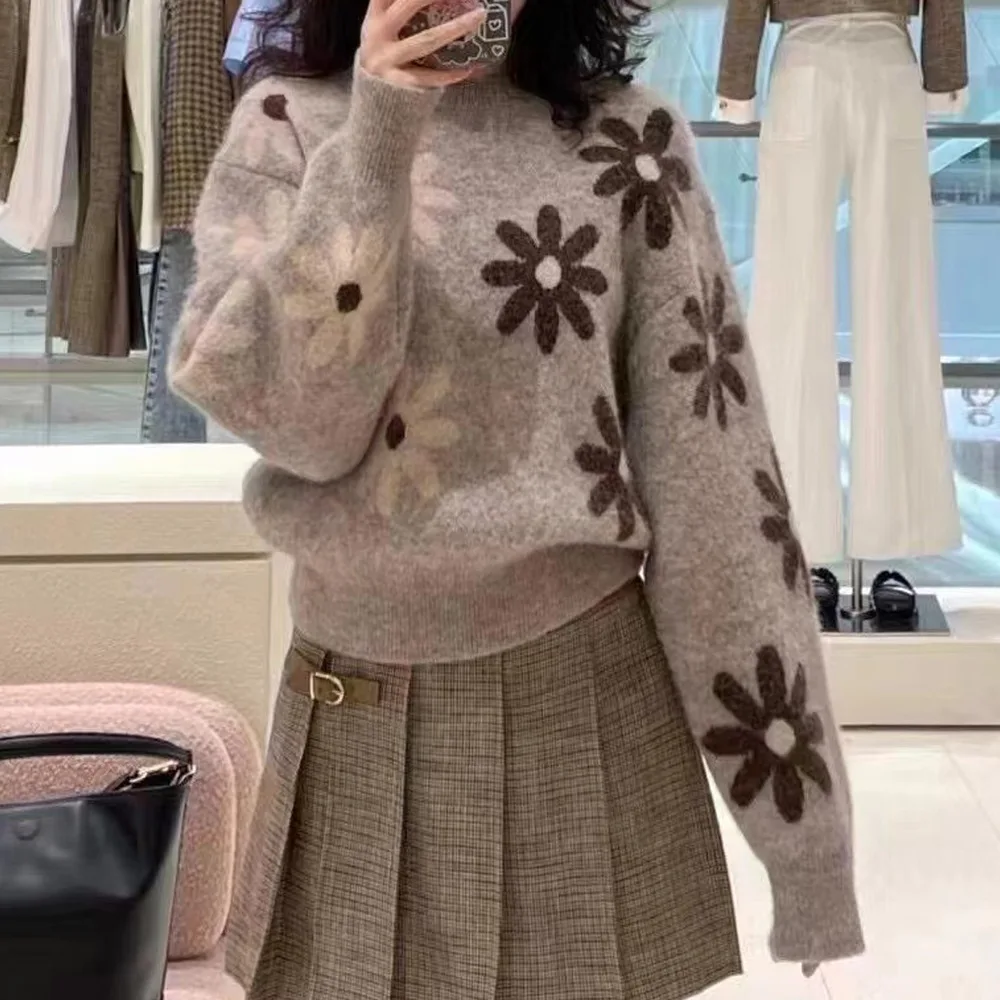 เสื้อไหมพรมถักทรงกลมนุ่มสบาย  แฟชั่นฤดูใบไม้ร่วงฤดูหนาว  ลายดอกเดซี่สไตล์เรโทร  เสื้อไหมพรมผสมขนสัตว์สำหรับผู้หญิง