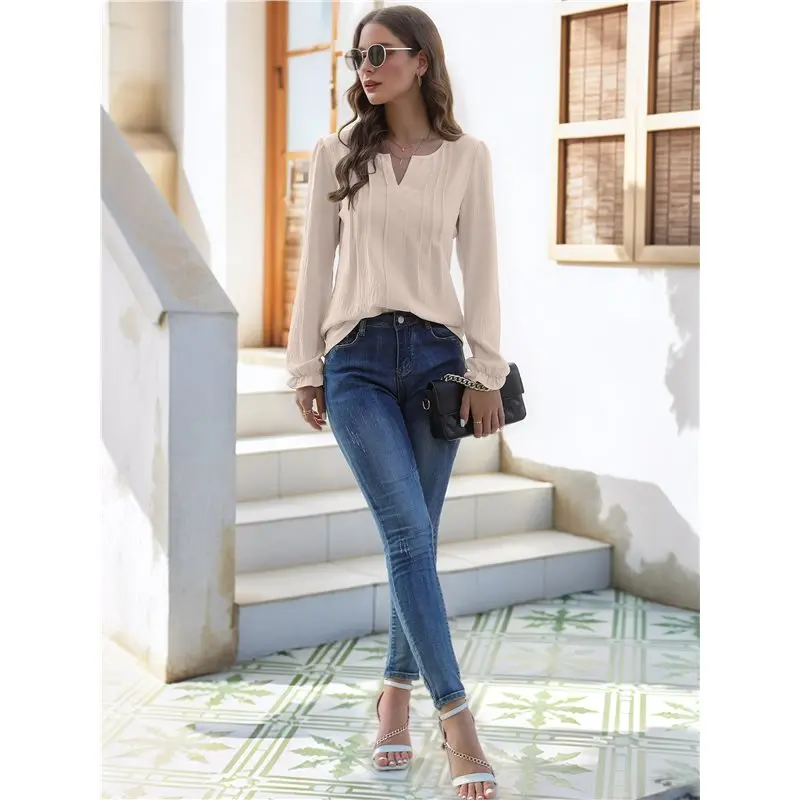 قمصان CYL-Womens Tops Dressy كاجوال بأكمام طويلة ورقبة على شكل V بلوزات شيفون ملابس الخريف للنساء #5