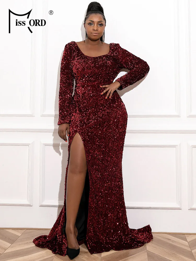 Missord Women Wine Plus Size Evening Dress Long Sleeve Sequins Thigh Split Bodycon Party Prom Maxi Dresses Elegant Backless Gown