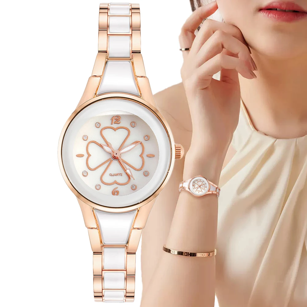 

Luxury Rose Gold Ladies Brand Watches Fashion Love Small Grass Design Women Quartz Watch Casual Stainless Steel Strap Bracelets