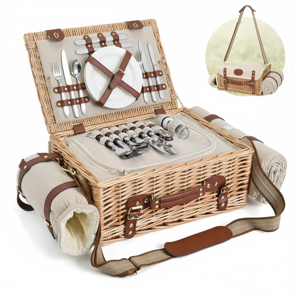 Juego de cesta de picnic aislada para 4 personas con mesa, manta y vajilla para acampar al aire libre para parejas