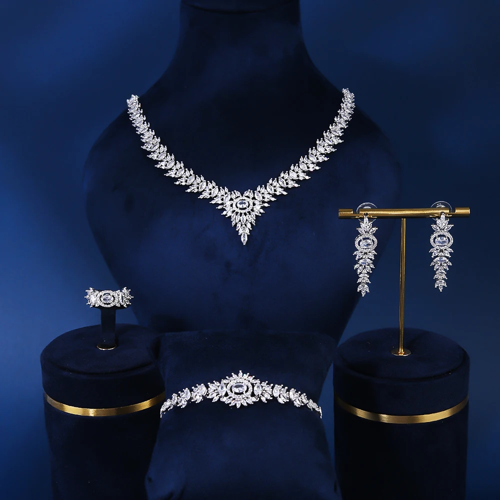 10152 Blue Coast Latest Luxury 3A Crystal Cubic Zirconia Necklace Bracelet Earrings Jewelry Set Dubai Nigerian Bride Wedding