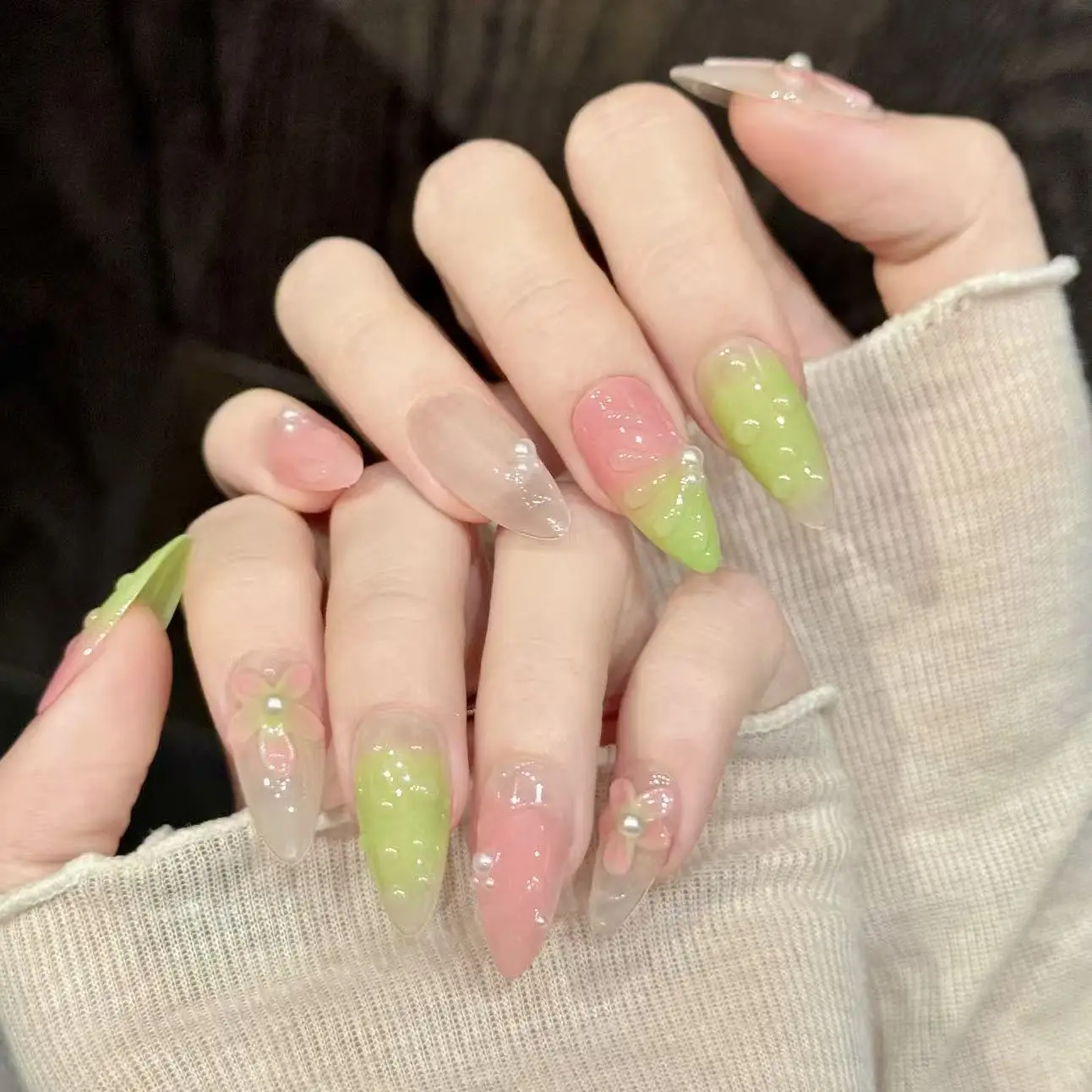 10pcs Gentle Almond Handmade False Nails Green Grape Guava Sweet French Style Fake Nails With 3D Carving Flower Press On Nails