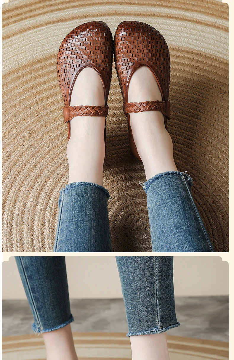 Retro-Kunst-Ästhetik Echtleder Mary Jane Flats Damen Premium Rindsleder Geflochtene Schuhe Elegante Mokassins Vintage-Schuhe – Detail 7
