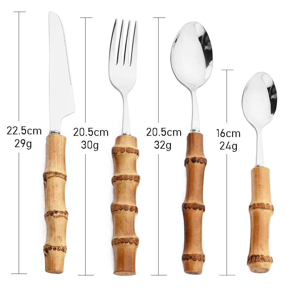 4/16/24/32Pcs Creative Natural Bamboo Handle Tableware Set Stainless Steel Dinnerware Set  Kitchen Knife Fork Spoon Cutlery Set