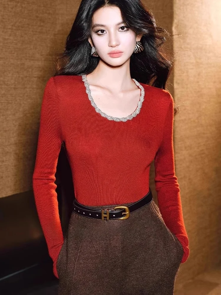 

Comfortable Long Sleeve Diamond Embedded Design Knitted Top Korean Style Commute Fashion Slim Fit Base Shirt Inner Wear