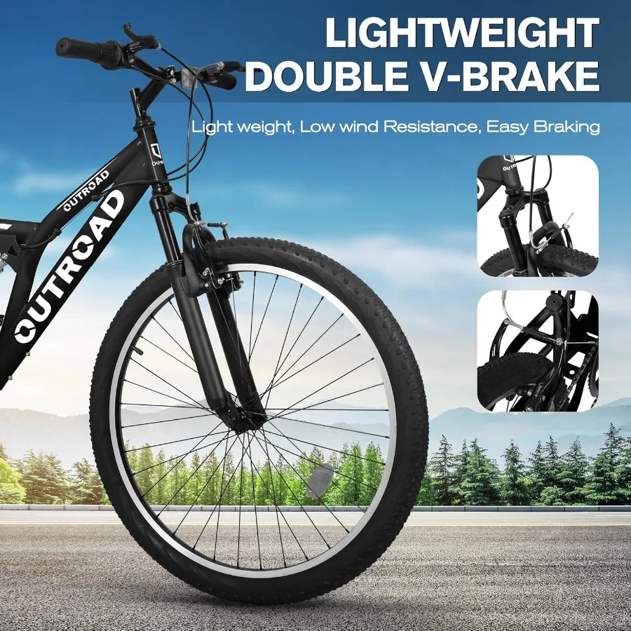 دراجة جبلية مزدوجة التعليق الكامل مقاس 26 بوصة و7 سرعات للرجال والنساء البالغين مع فرامل مزدوجة على شكل حرف V مثالية للمطارات على الطرق الوعرة والحضرية