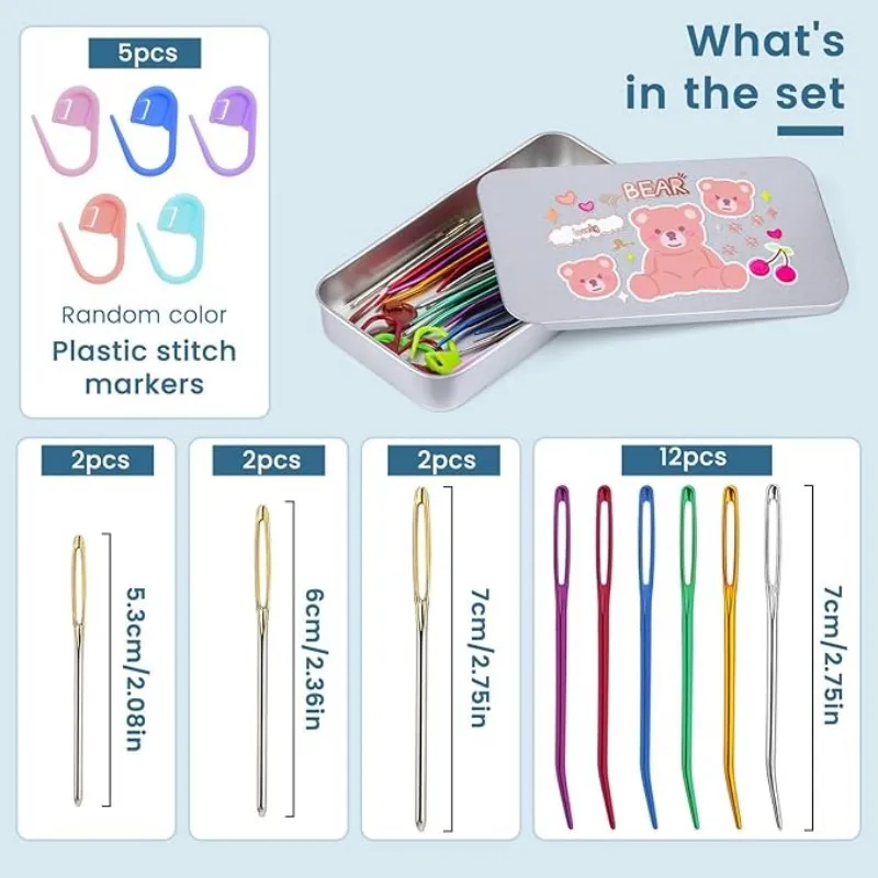 MIUSIE 24Pcs Tapestry Needles Bent Kit Large Eye Sewing Darning Needles Stainless Steel Hand Sewing Needles Markers Storage Box