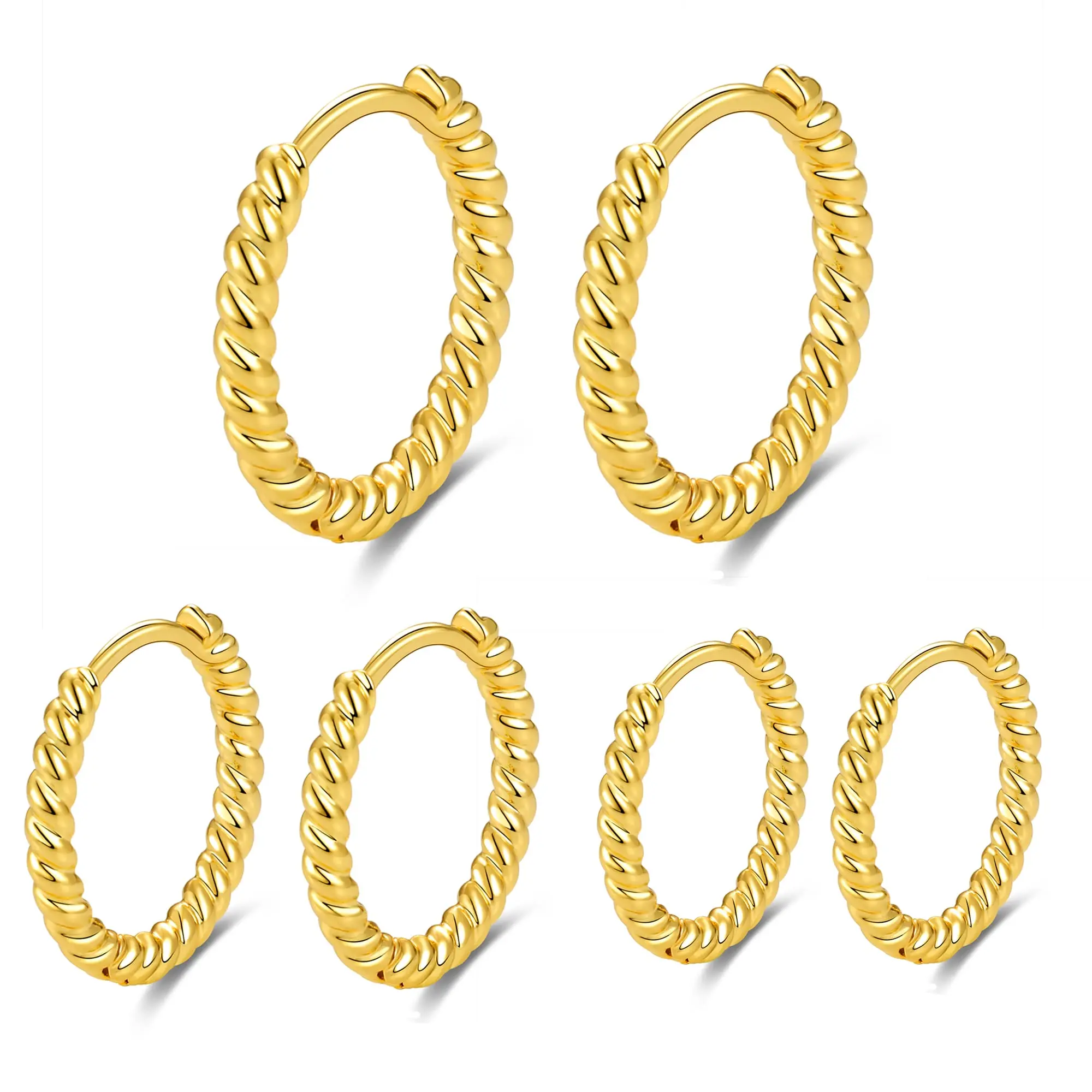 Shevalues Women 3Pairs Hoop Earrings 14K Gold Plated Piercing Jewelry Set for Men New Luxury Hypoallergenic Twisted Earring