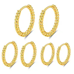 Shevalues Women 3Pairs Hoop Earrings 14K Gold Plated Piercing Jewelry Set for Men New Luxury Hypoallergenic Twisted Earring