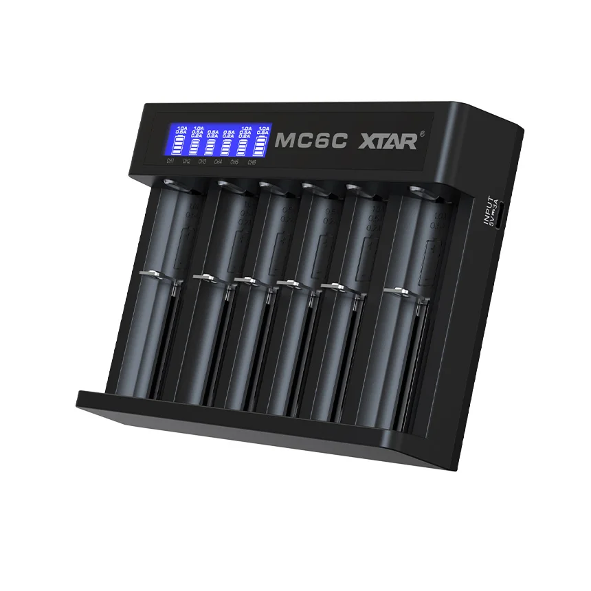 XTAR MC6C Charger 6 Slot LCD Smart Lithium Battery Charger USB-C & DC Input 3.6V Li-ion & Ni-MH Battery Charger