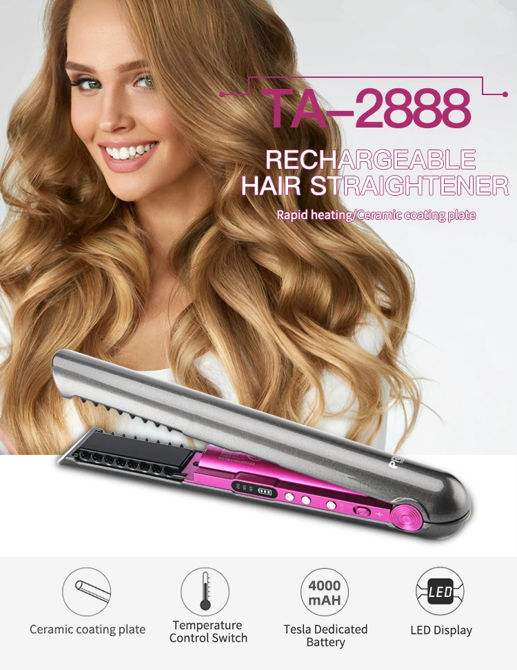 Wireless Hair Straightener 4800mAh USB Rechargeable Cordless Flat Iron 2 In 1 Curler Ceramic Plate LCD Display Travel Tool