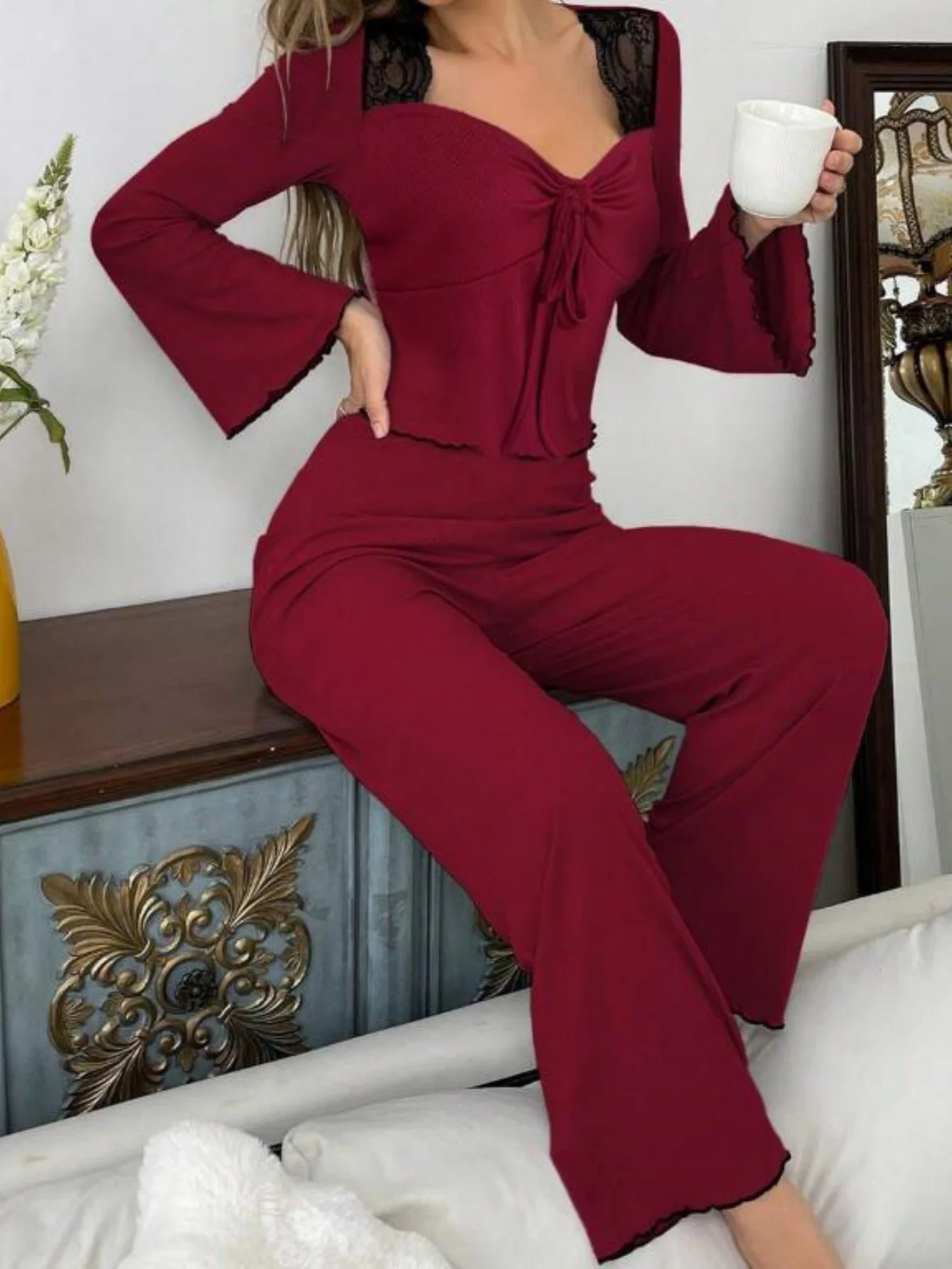 Burgundy Lace Flare Sleeve Pajama Set | Elegant 2 Piece Soft Loungewear