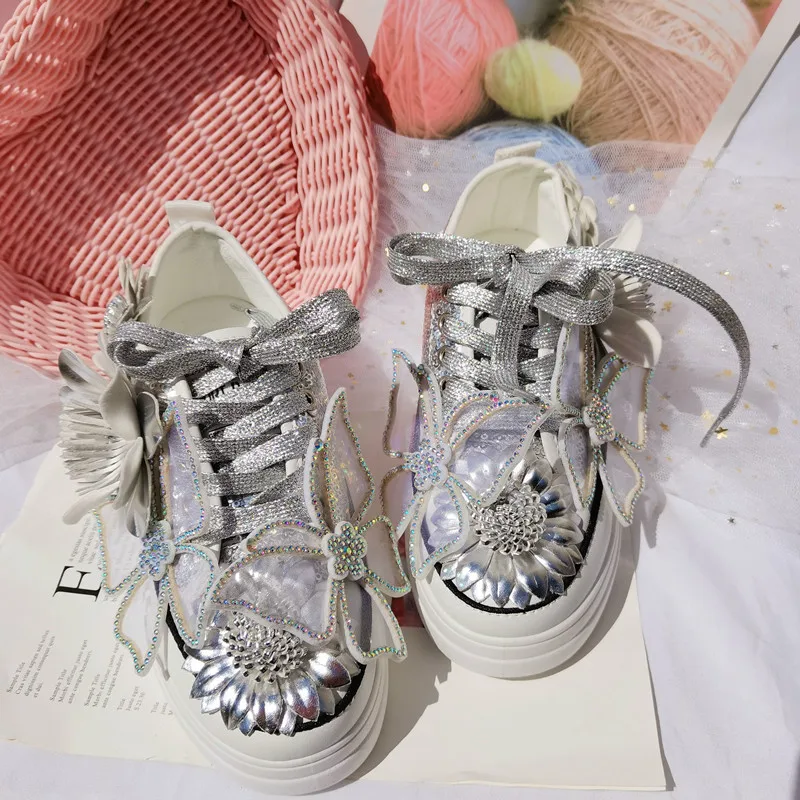 Silver Sneakers News Style Sequined Women Shoes Fashion Rhinestone Flower Lace Crystals Butterfly Casual Heavy Bottom Cute Shoes