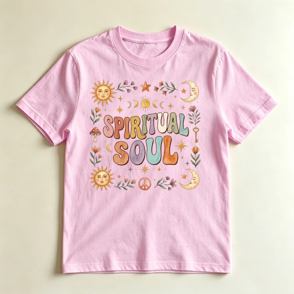Spiritual Soul Celestial Mushroom Summer Women Cotton T-Shirt Sun Moon Peace Sign Wildflower Boho Cute Graphic Short Sleeve Wear