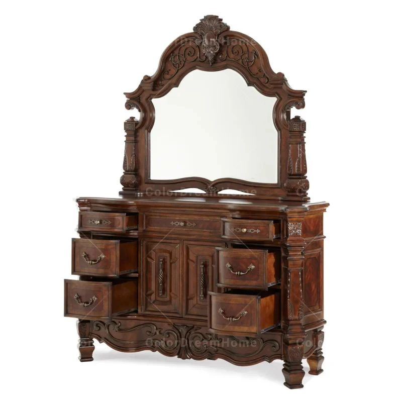custom.Antique Design Bedroom Furniture Classic America Style Bedroom Decor Handmade Solid Wood Carved Dresser with Mirror view 5