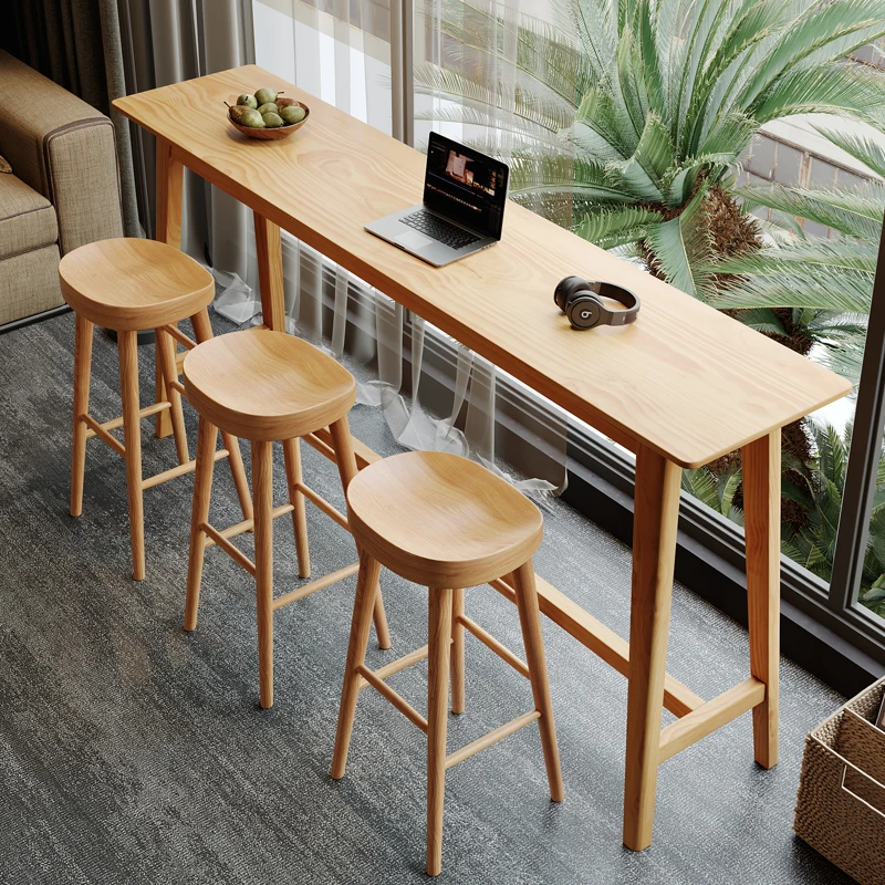 

Solid wood bar table and chairs household log color high long strip narrow balcony simple modern