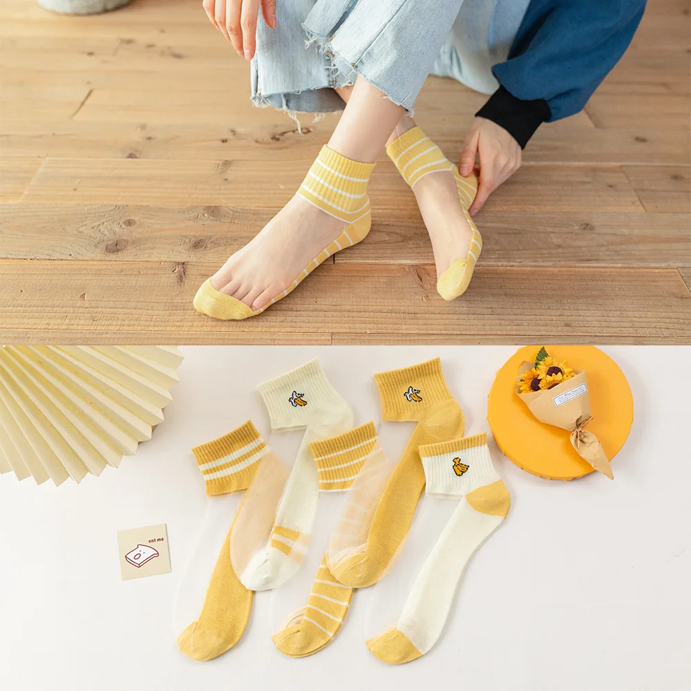 Lot de 5 paires de chaussettes en soie pour femmes, Fruits bananes jaunes, dentelle à la cheville, Ultra-mince, en Fiber de verre transparente, à la mode, mignonnes