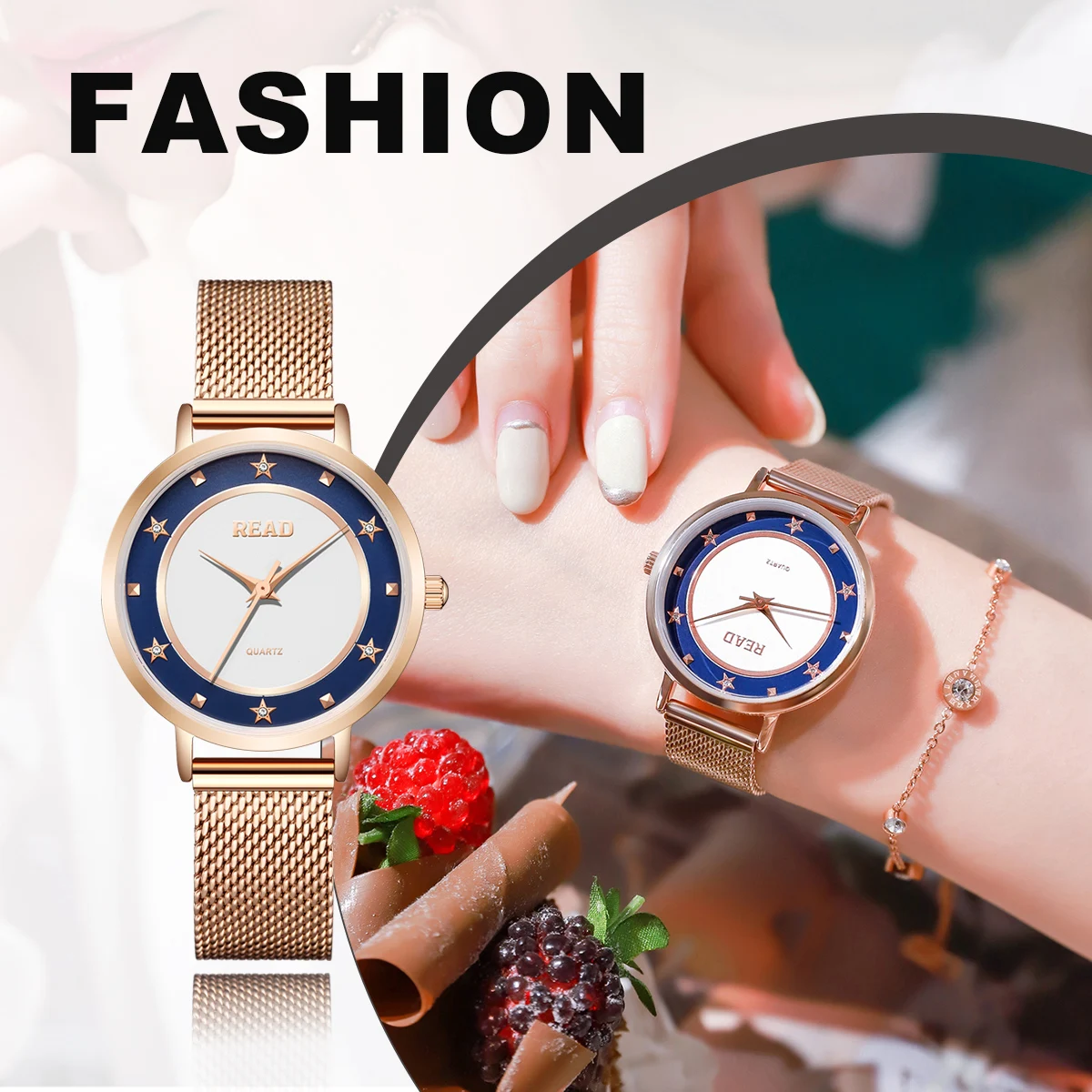 READ Women Quartz Watch | Blue Star Accent Dial | Rose Gold Mesh Band | 30M Water Resistant Folding Clasp Watch