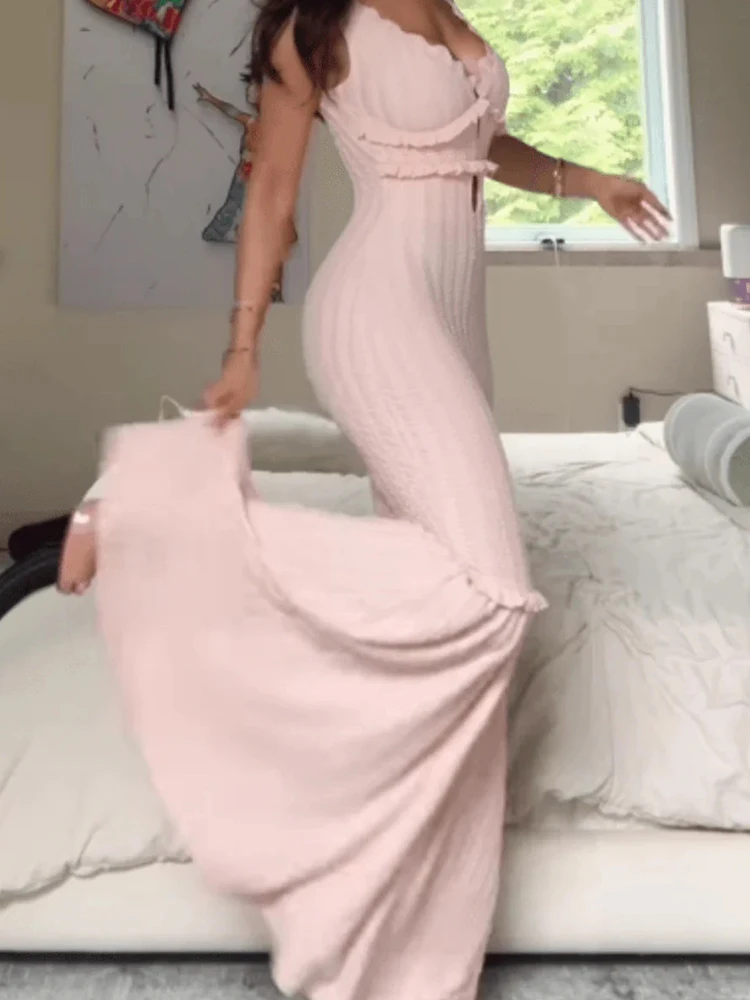 

Wrap Hips Dress Women Summer New Ruffles Party Chic Knitted Halter Elegant Solid Color Sleeveless Slim Banquet Evening Gown