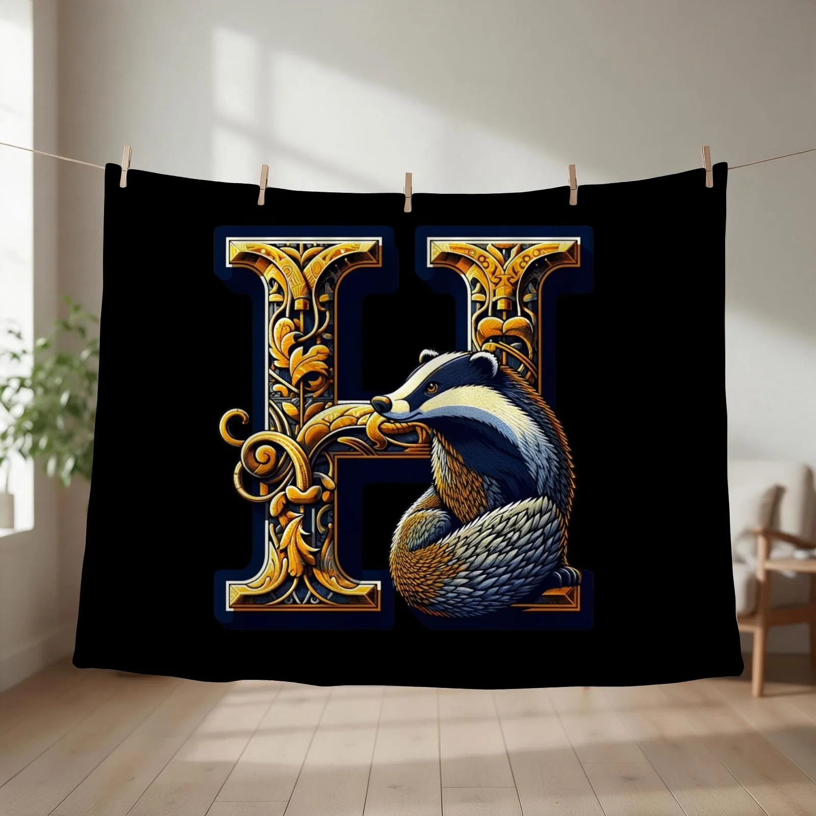 Badger and the letter H - Fantasy Throw Blanket couch cozy soft plush fuzzy picnic outdoor blanket