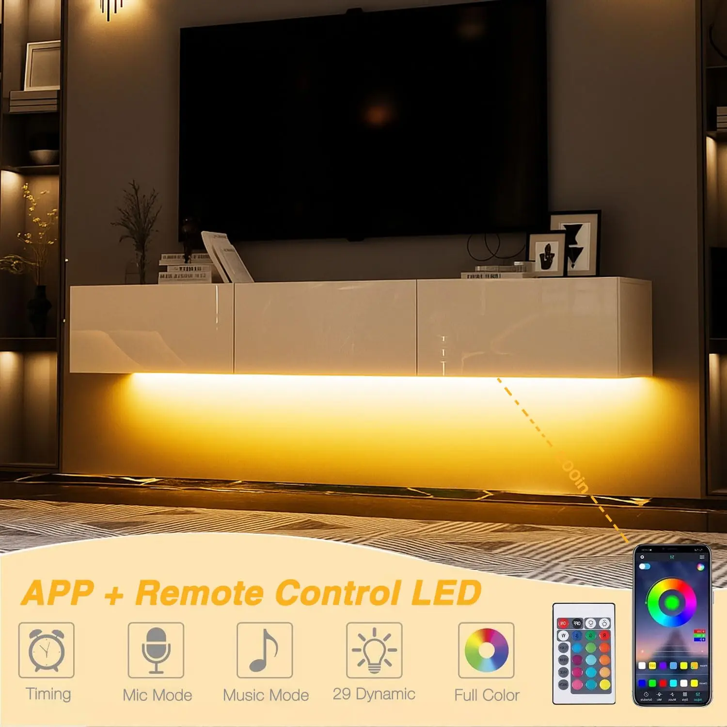 White High Gloss Floating TV Stand with LED Lights Wall Mounted Media Console for Living Room Bedroom up to 70
