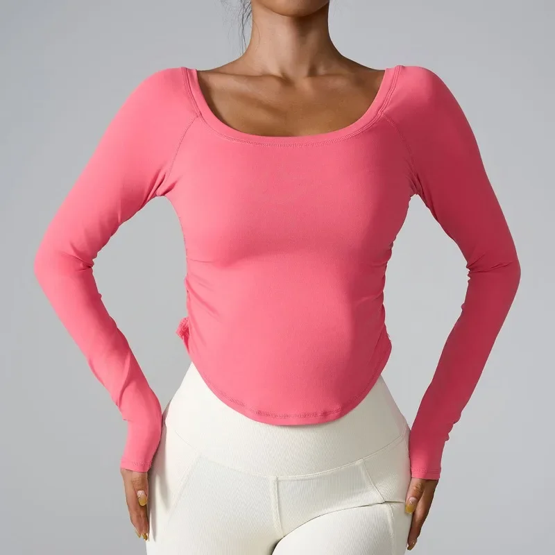 Long Sleeve Seamless Fitness Wear Square Neck Yoga Top Wear Women\'s Running Athletic Gym Workout Shirt With Thumb Holes