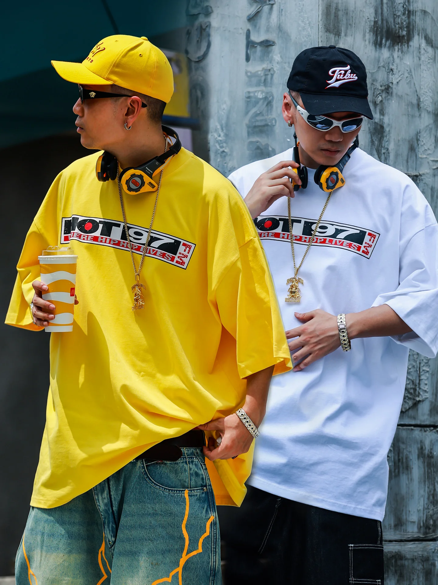 Loose Cotton round Neck Short Sleeve T-Shirt Men's American Style Hot Radio Station Logo Street Letter Print Breathable Wear ...