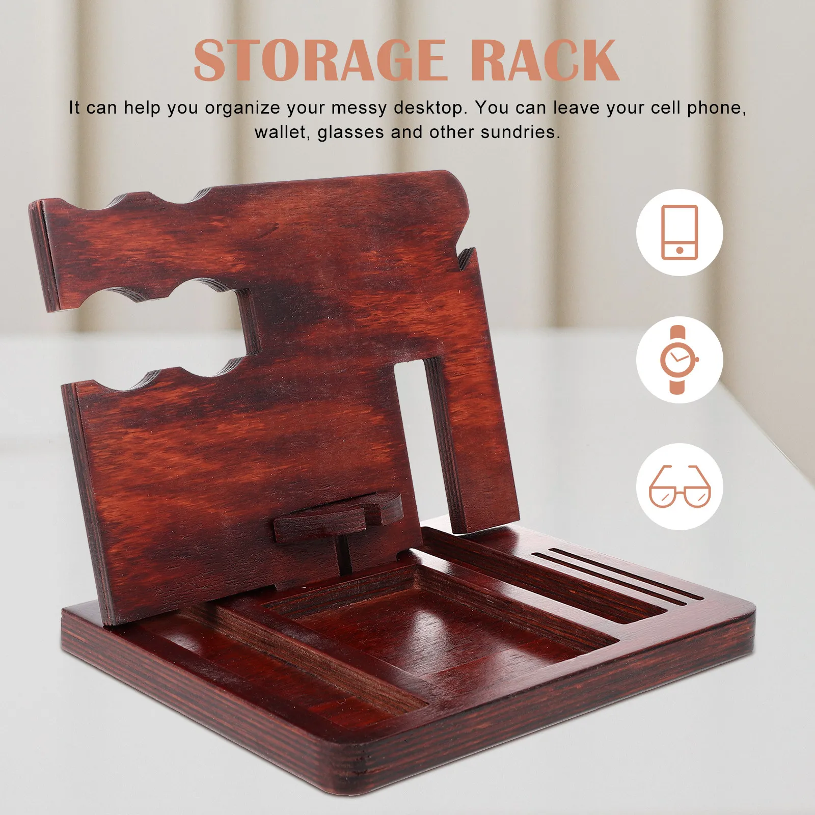 Solid Wood Storage Tray Multi-Functional Desktop Organizer for Phone Watch Wallet Keys Bracelet Holding Station Home Office view 5