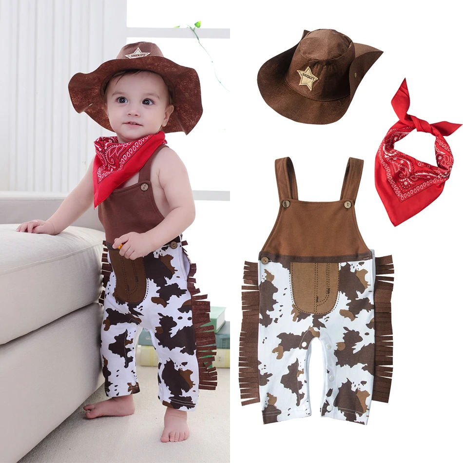 

Baby Western Cowboy Onesie With Hat Long Sleeve Denim Print Jumpsuit for Newborn Infant Photography Halloween Party Costume