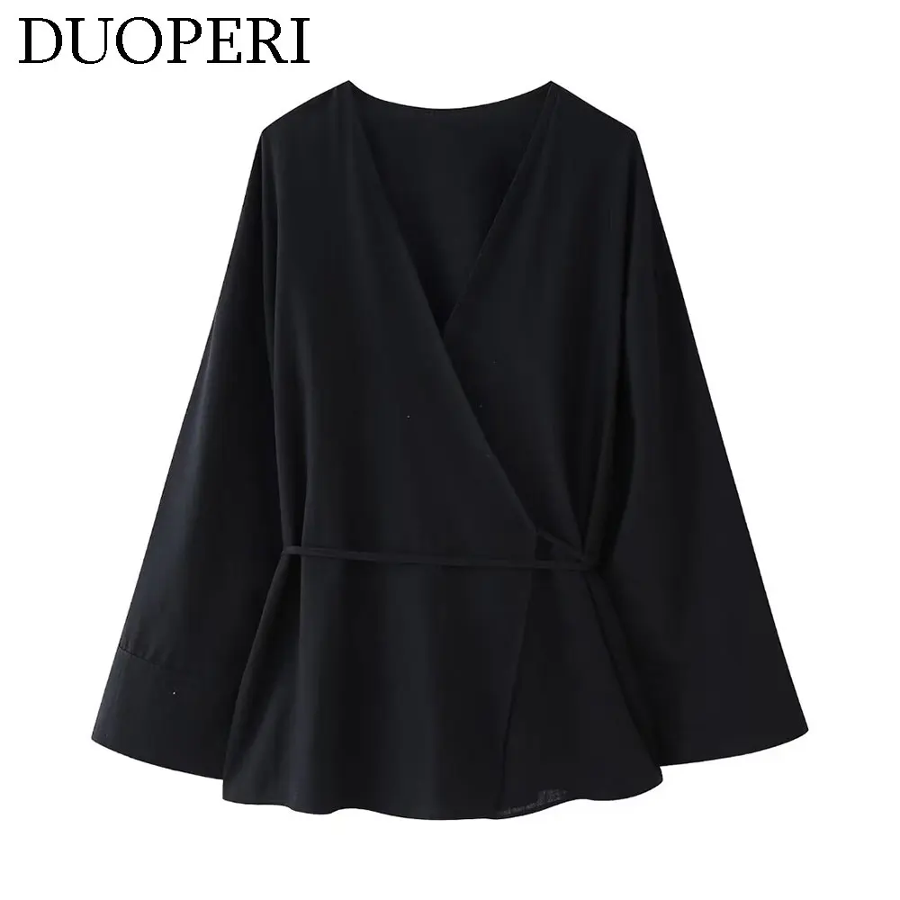 DUOPERI Women Fashion Loose Kimono Blouse V-Neck Long Puff Sleeves Feamle Chic Lady Casual Vintage Tops Shirt