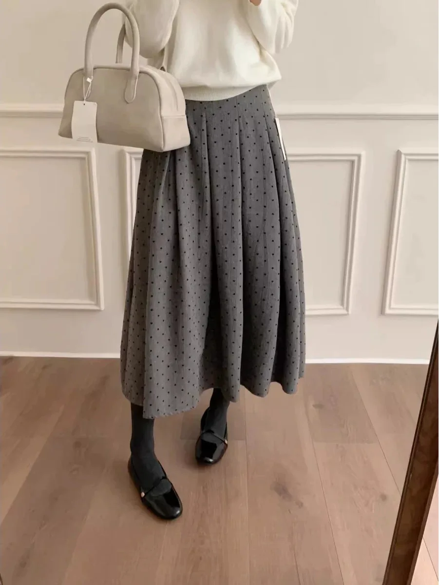 French Dark Grey Polka Dot Pleated Midi Skirt For Women High Waist A-line Flared Woolen Skirt Vintage Autumn Winter Casual Skirt