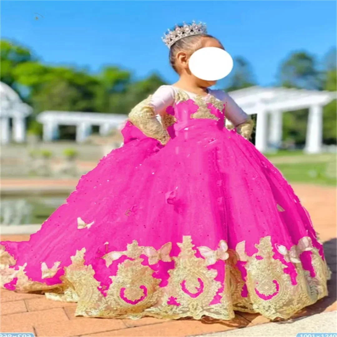 Vestido de manga larga con cuello redondo para niña, vestido de flores con lazo, apliques hinchados elegantes, decoración de tul, princesa pequeña, rosa y dorado