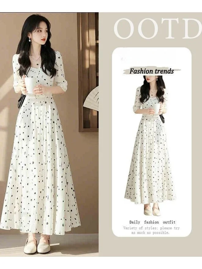 

Elegant Spring Dress Women's Chic Square Collar Polka Dot White Dress Female Fashionable Lightweight Summer A-Line Dress