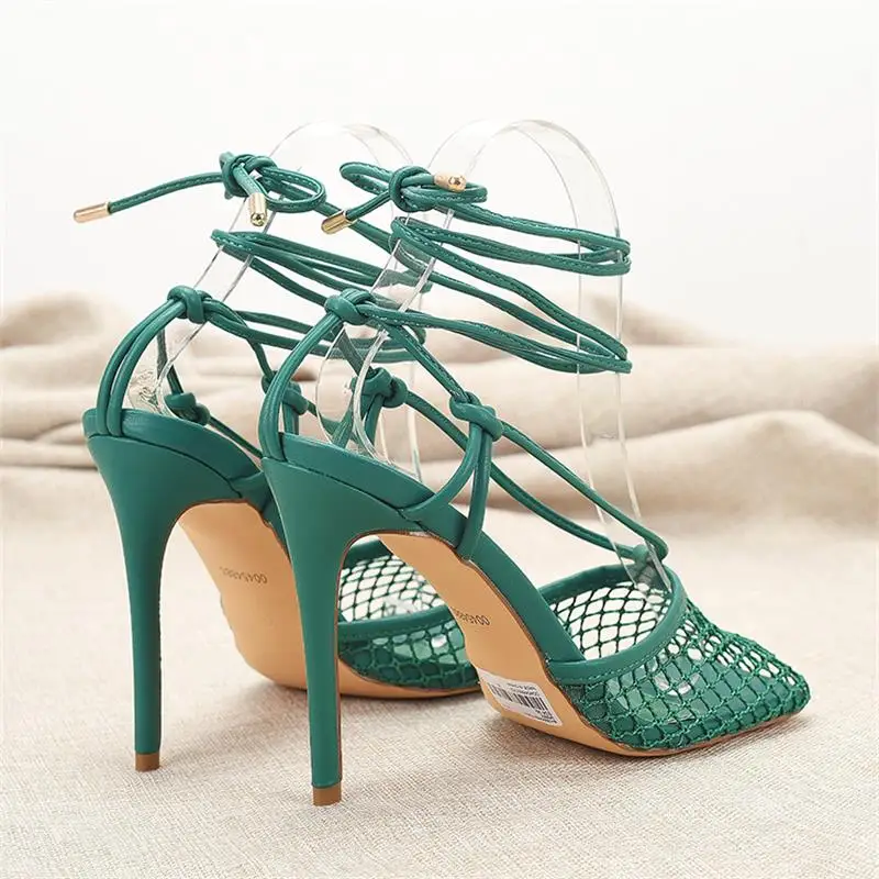 Mesh Knot Sexy Green Oversized Ultra-High Slender Heel Cross Thin Strap Strap Wrapped Sandals For Women