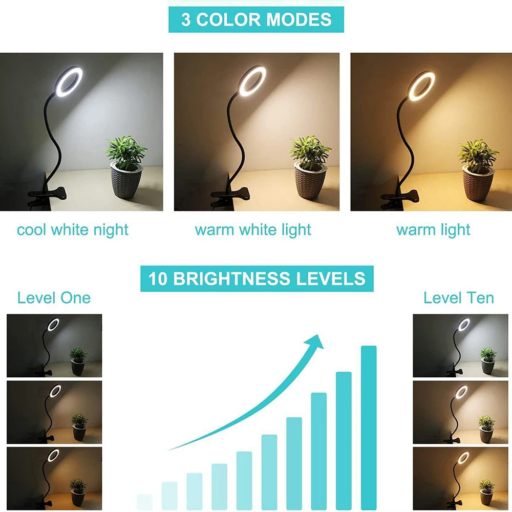 Регулируемая Настольная лампа с зажимом для телефона, USB-лампа для защиты глаз, лампы для чтения, ночники с регулируемой яркостью, Гибкая Настольная лампа с легким зажимом