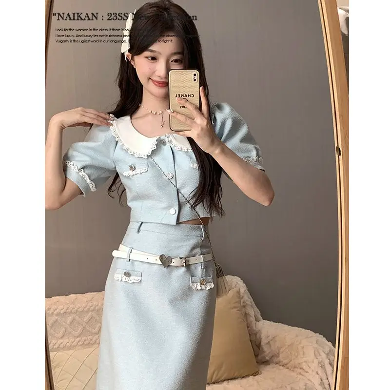 Blue Suit Women\'s Summer 2024 High Sense Lace Stitching Coat Age-Reducing Skirt Two-Piece Set