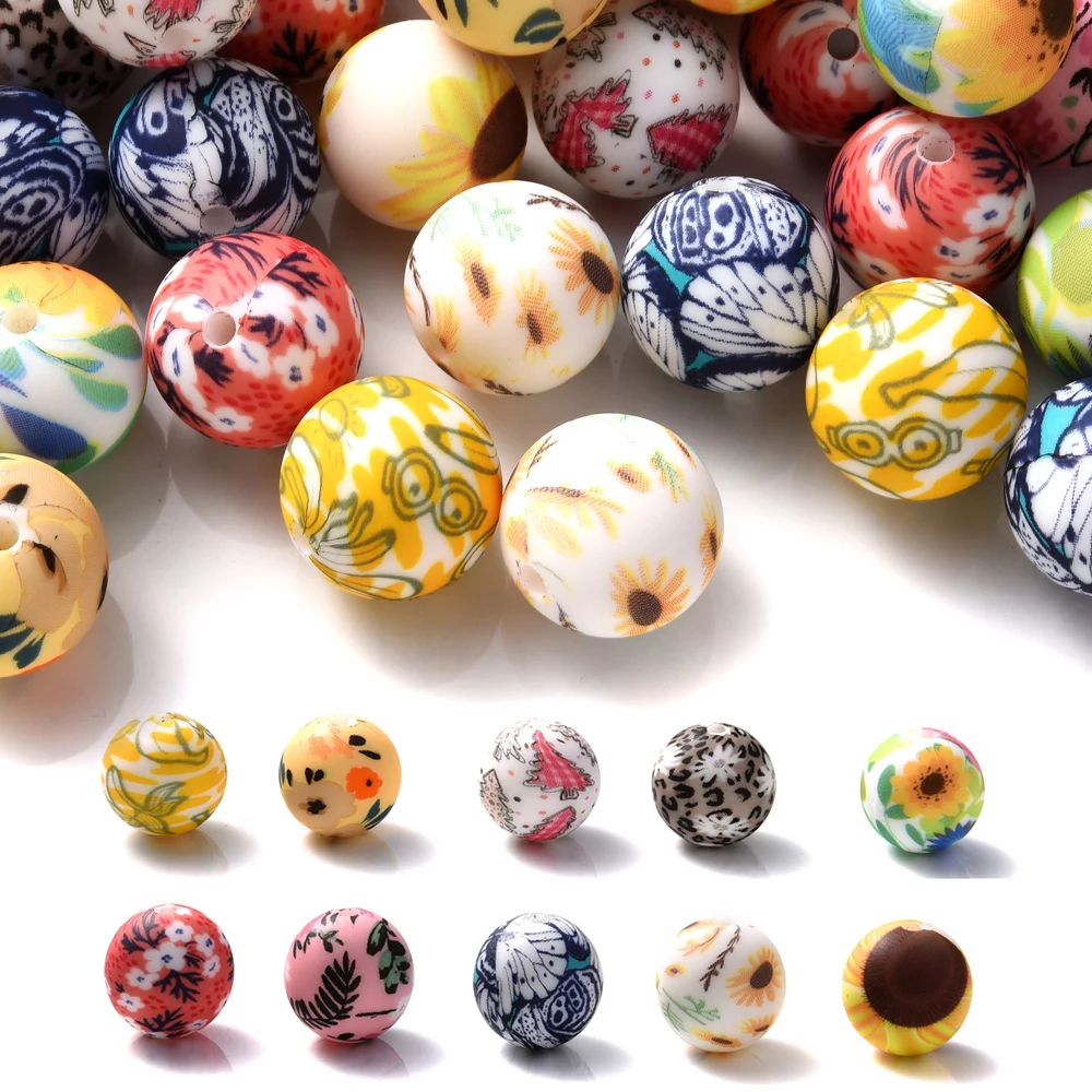 10Pcs Silicone Teether Chew Beads 15mm Print Colorful Pattern Focus Beads For Baby Pacifier Chain Bracelet DIY Jewelry Making