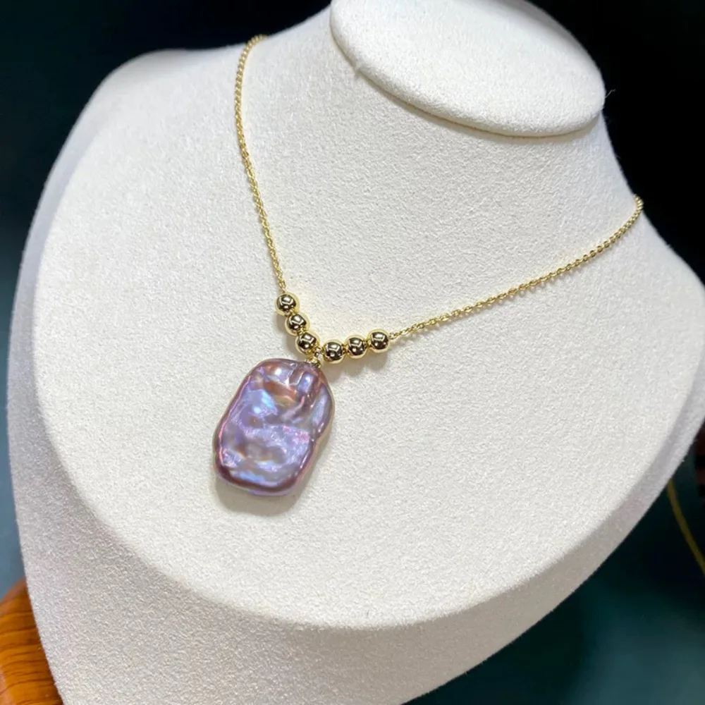Classic Voilet Freshwater Pearl Pendant Pink Purple French Simple High-Quality Rectangle Special-Shaped Bead Statement Necklace