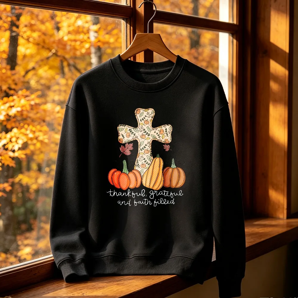 Christian Thankful Grateful and Faith Filled Cross Kürbis-Sweatshirt mit Rundhalsausschnitt, Blumenmuster, Pullover, Unisex, Damen, Herren, Herbst