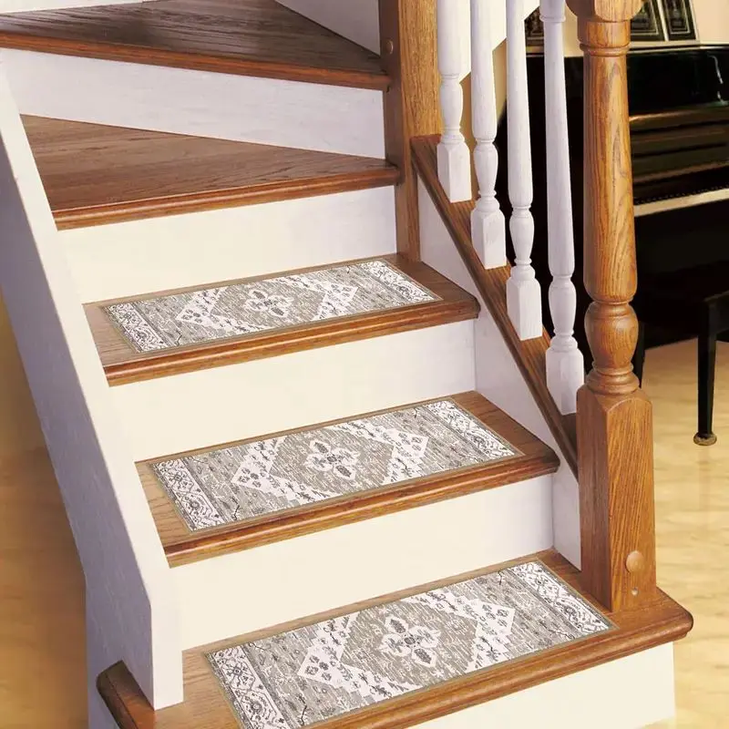VIKAMA Vintage Floral Gray Crystal Velvet Stair Mats for Wooden Steps Anti Slip Cozy Aesthetic Soft Cushioned Home Decor
