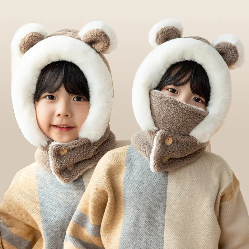 New Children\'s Hat Cartoon Bear Ear Flags Pullover Cap for Boys and Girls\' Baby Winter Hats Scarf Kids Plush Warm Cute Fur Cap